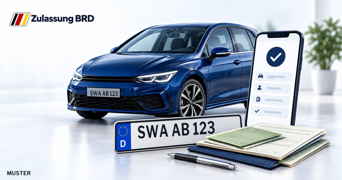 Online Fahrzeugzulassung in Bad Schwalbach: Musterkennzeichen SWA AB 123, Auto und Fahrzeugpapiere und Smartphone. Illustration mit Logo von Zulassung BRD.